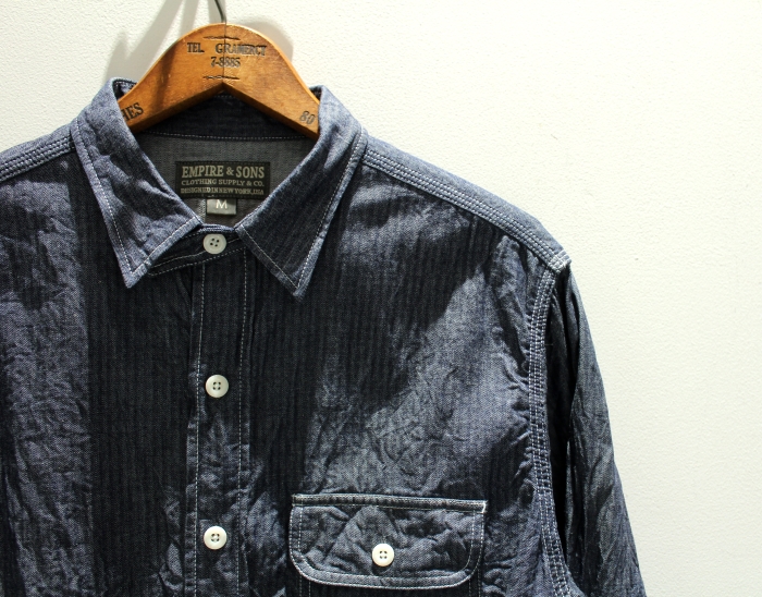 EMPIRE&SONS エンパイアアンドサンズ デニムシャツ　ヘリンボーン　シャツ　レギュラーカラー　19SS ファッション　ワークシャツ　メンズ　青　インディゴ　ヘリンボーンデニムシャツ　EXPLORER WORKS 名古屋