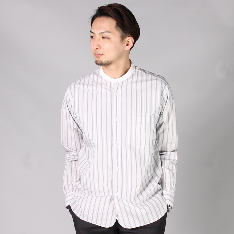 STILL BY HAND (ã¹ãã£ã«ãã¤ãã³ã) BAND COLLAR STRIPE SHIRT - GREY