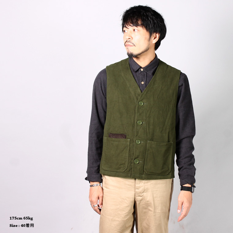 SABRE (サブレ) FRENCH MILITARY VEST - BRISSBANE MOSS MOLESKIN & CORDUROY - DK OLIVE_BROWN