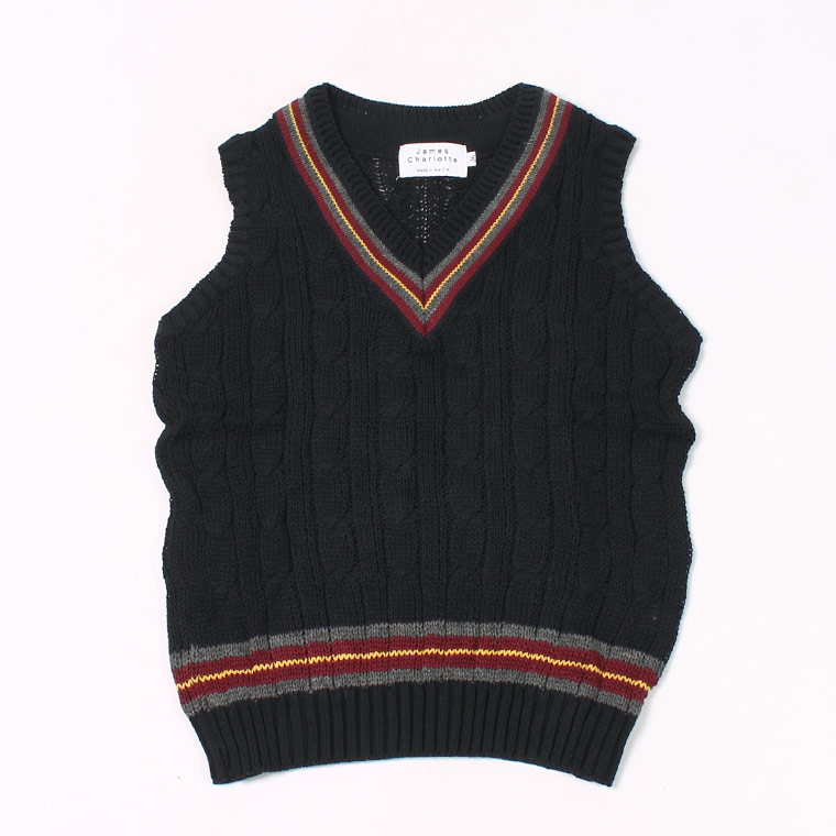 JAMES CHARLOTTE (ジェームス シャルロット) CRICKET CABLE VEE SLIPOVER SWEATER COTTON - RICH NAVY + SLATE_PORT_MARIGOLD