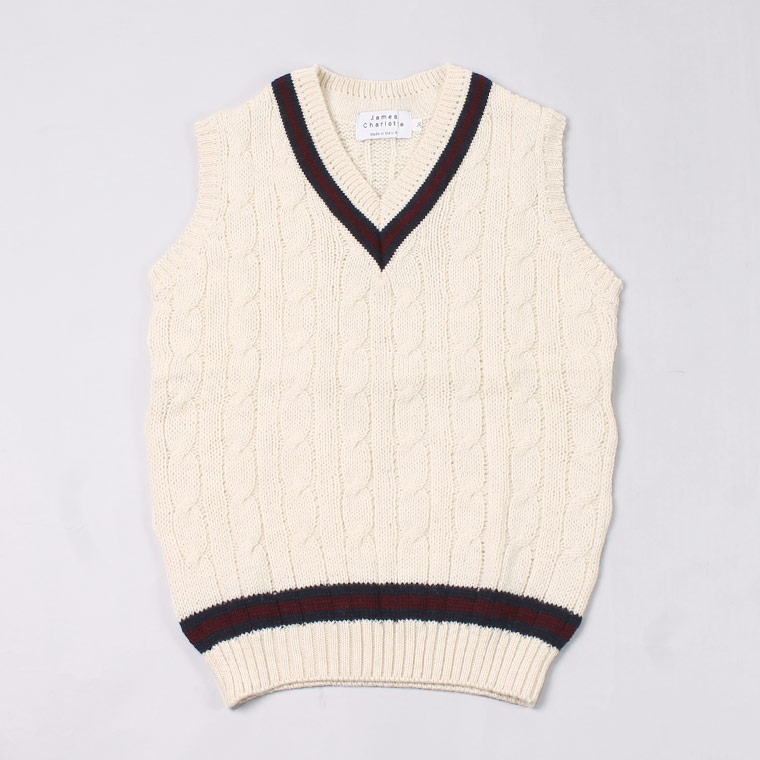 JAMES CHARLOTTE (ジェームス シャルロット) CRICKET CABLE VEE SLIPOVER SWEATER - ARAN + NAVY_BURGUNDY_NAVY