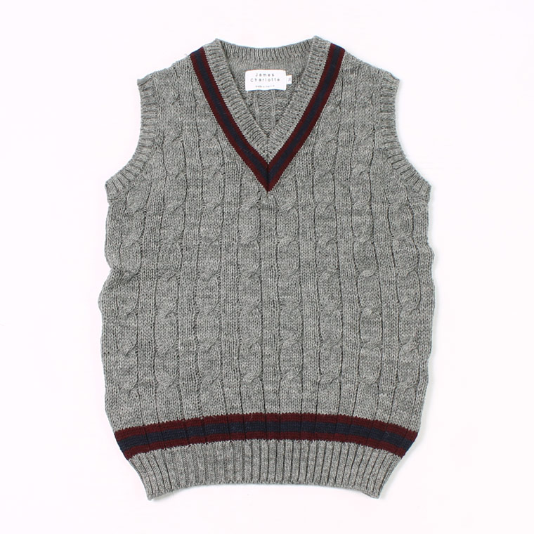 JAMES CHARLOTTE (ジェームス シャルロット) CRICKET CABLE VEE SLIPOVER SWEATER - STEEL + BURGUNDY_NAVY_BURGUNDY