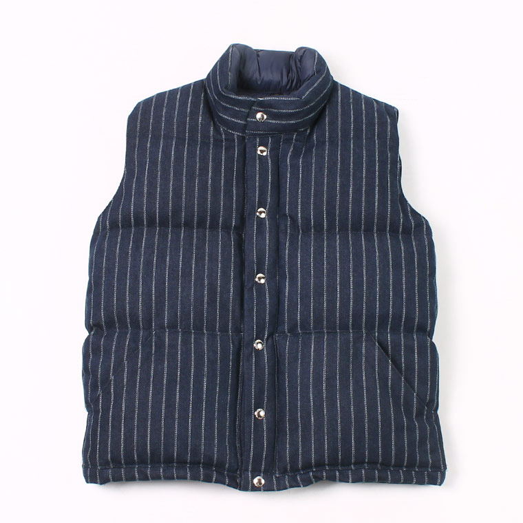 CRESCENT DOWN WORKS (クレセントダウンワークス) ITALIAN VEST WIDE STRIPE DENIM_NAVY STREAK FREE LOGO SNAP NAVY STITCHING NO ELASTIC ON BACK - WIDE STRIPE DENIM_NAVY STREAK FRE