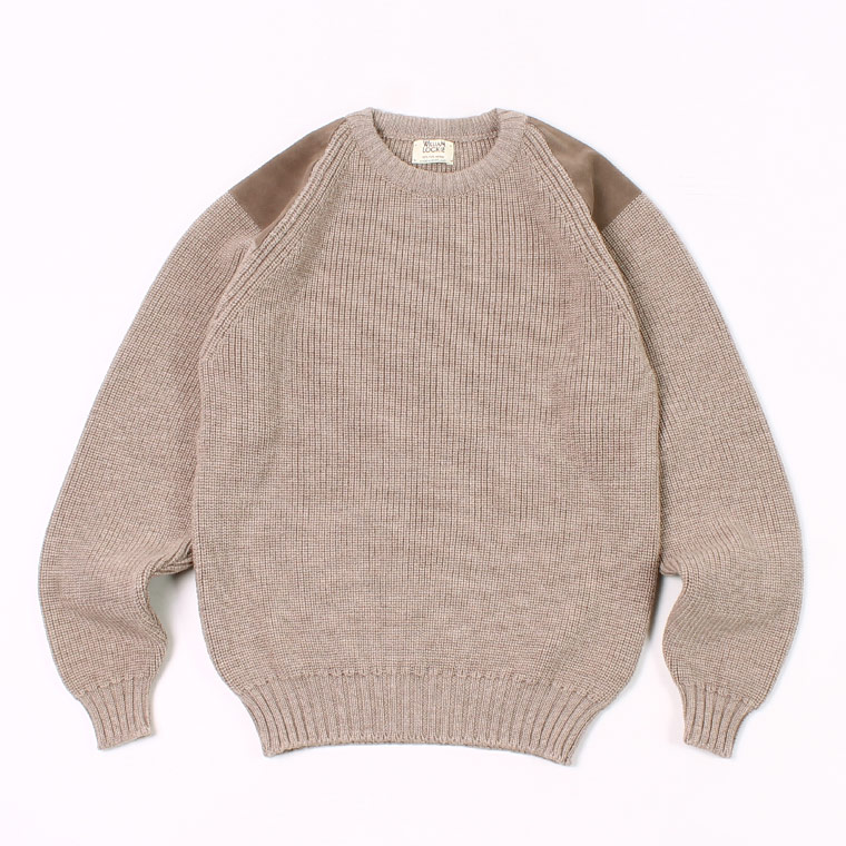 WILLIAM LOCKIE (ウィリアム ロッキー) MERINO WOOL RAGLAN CREW w/SHOULDER & ELBOW SUEDE PATCH - COGGIOLA_GREY BROWN SUEDE