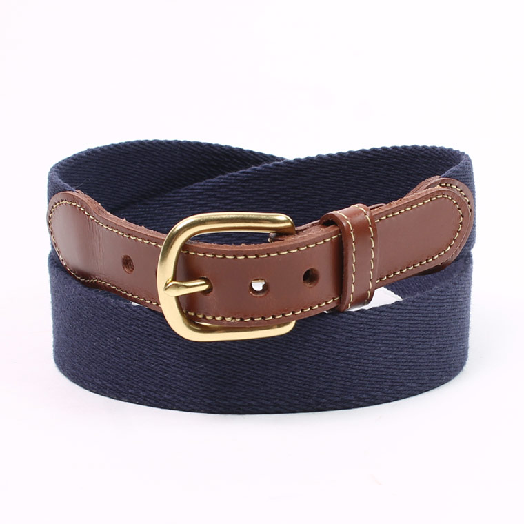 LEATHERMAN BELT (レザーマンベルト) 1.25 SOLID COTTON SURCINGLE W/YELLOW STITCHED TABS BRASS HARNESS BUCKLE - NAVY